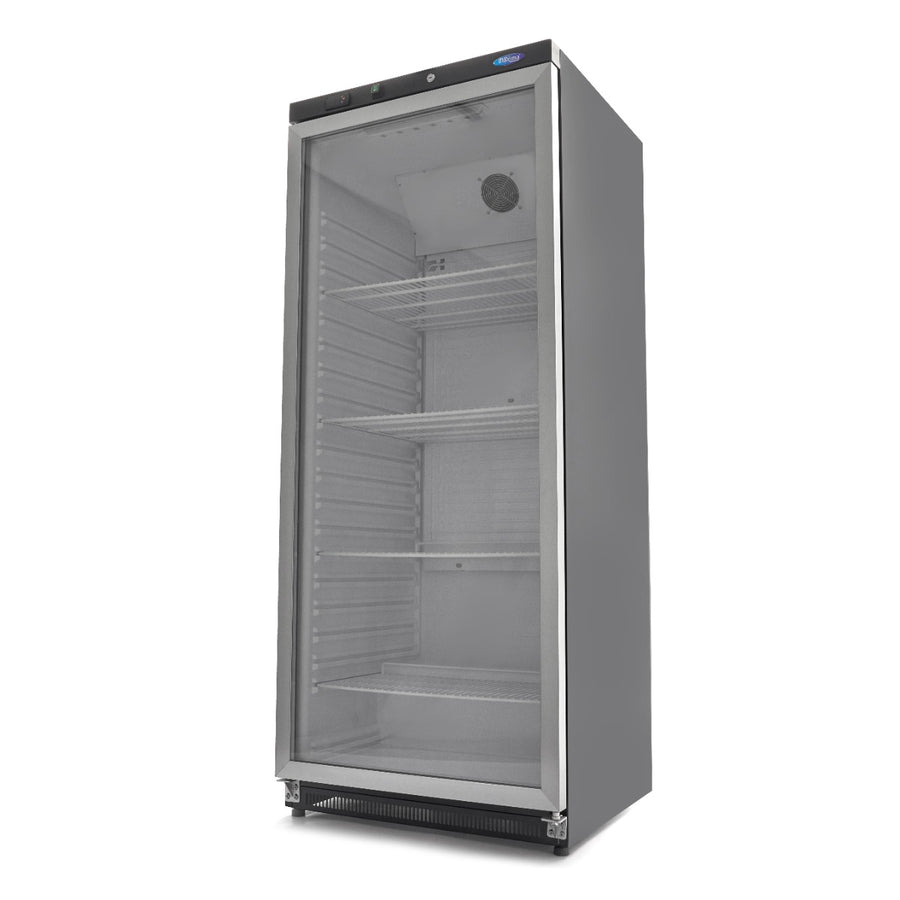 Réfrigérateur Maxima de 600 L noir avec porte en verre, grand espace de stockage et design moderne.