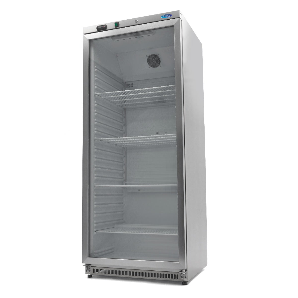 Réfrigérateur Maxima en acier inoxydable de 600 L avec porte en verre, design moderne et espace de stockage spacieux.
