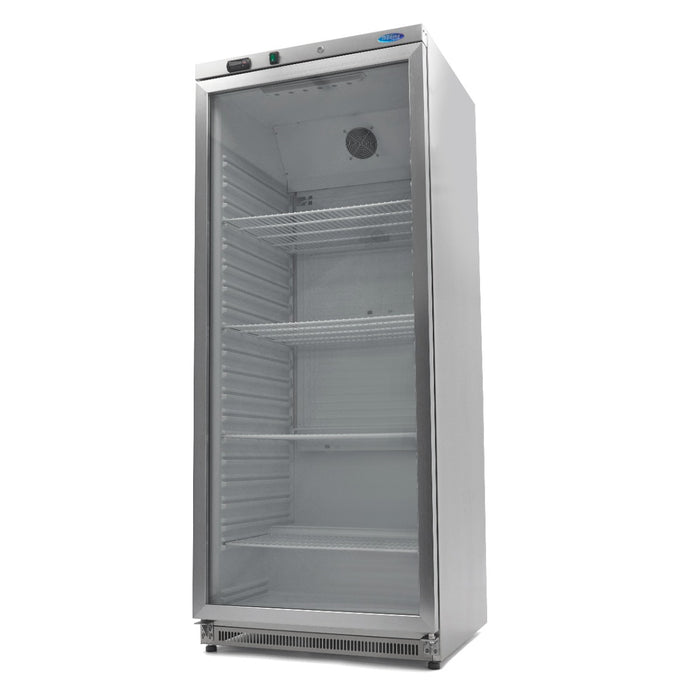 Réfrigérateur en acier inoxydable Maxima de 600 L avec porte en verre, design moderne et espace de stockage ample.
