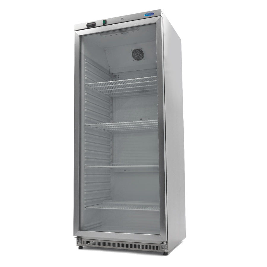 Réfrigérateur en acier inoxydable Maxima de 600 L avec porte en verre, design moderne et espace de stockage ample.
