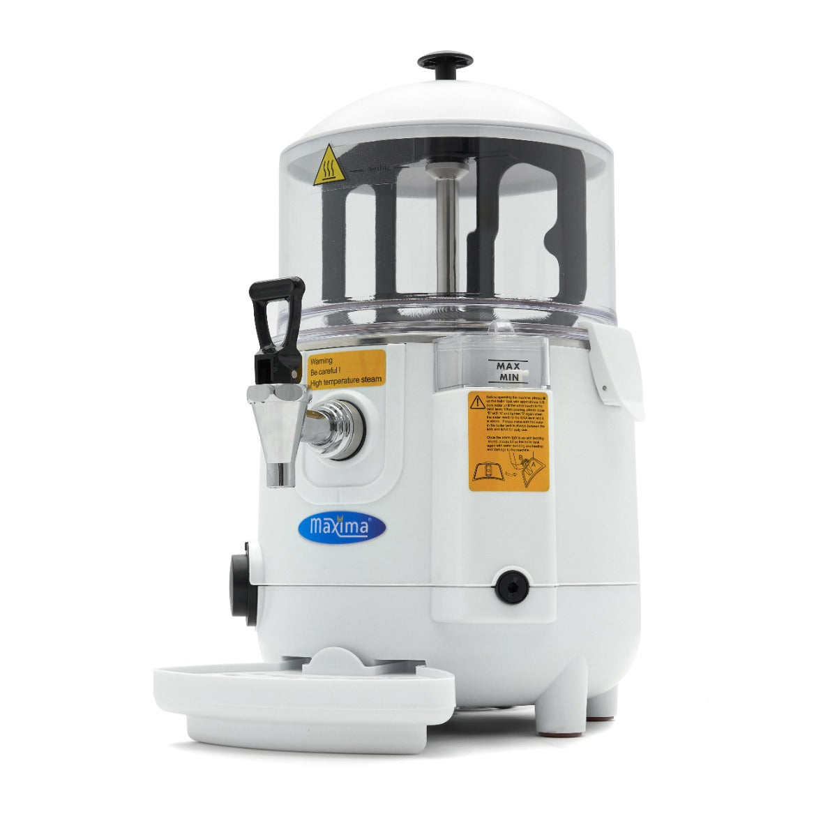 Distributeur de chocolat chaud blanc Maxima de 5L, avec bouton de service et design élégant pour boissons chaudes.