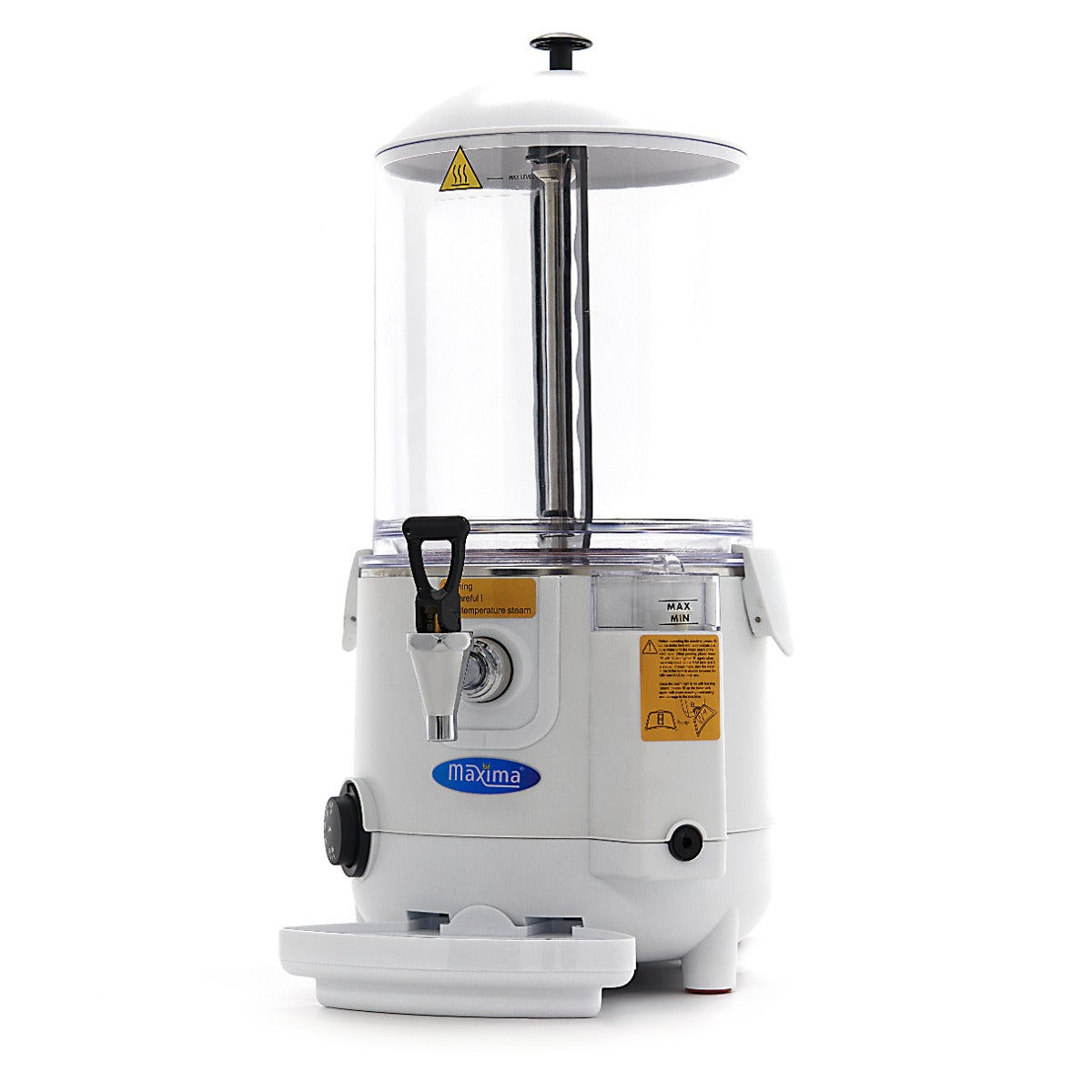 Distributeur de chocolat chaud blanc Maxima de 10L avec robinet, parfait pour servir des boissons chaudes en grande quantité.