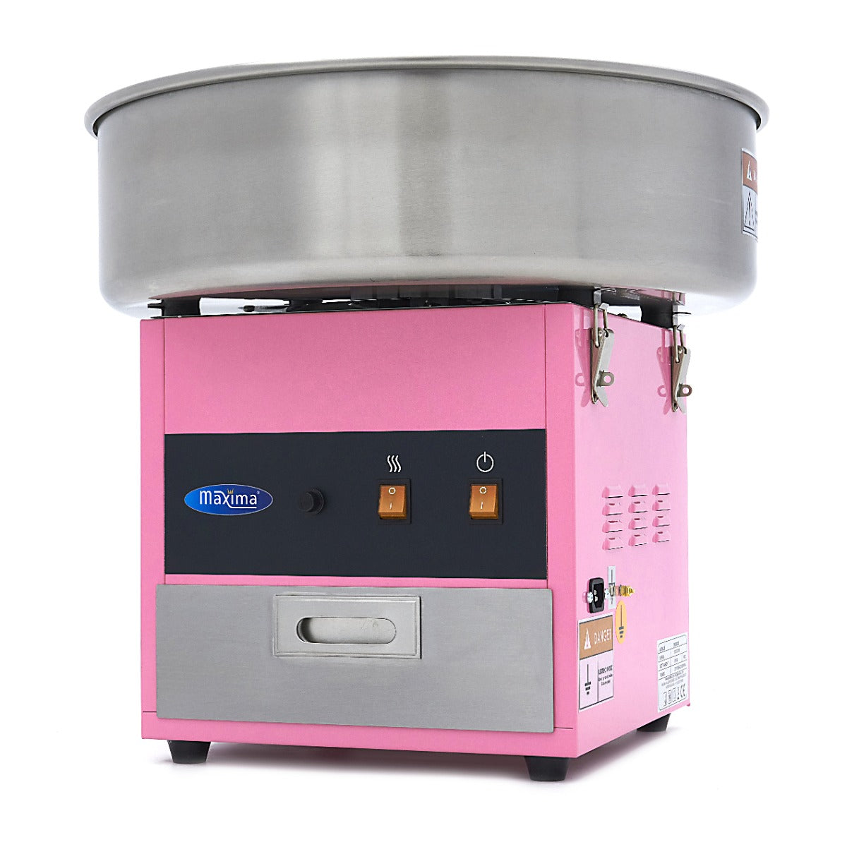 Machine à barbe à papa Maxima rose de 52 cm avec bol en acier, idéale pour créations sucrées colorées.