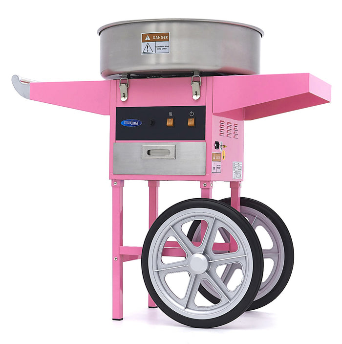Machine à barbe à papa Maxima rose avec chariot, diamètre de 52 cm, appareil électrique pour fête et événement.