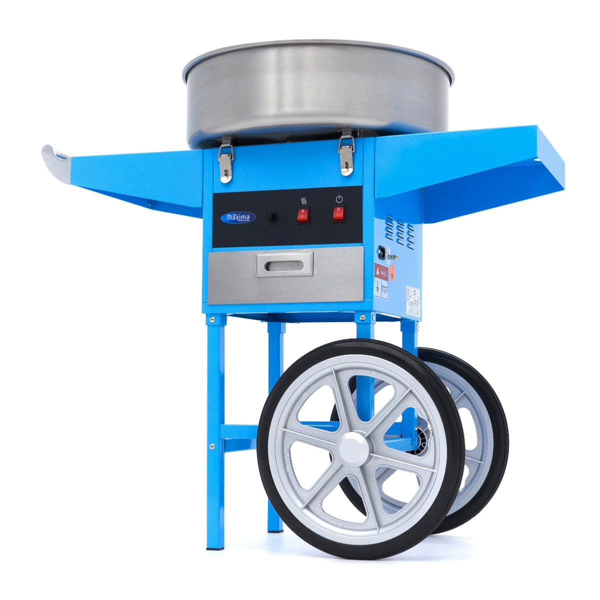 Machine à barbe à papa Maxima, modèle SP-1000, en bleu avec chariot, diamètre 52 cm, prête à faire des douceurs sucrées