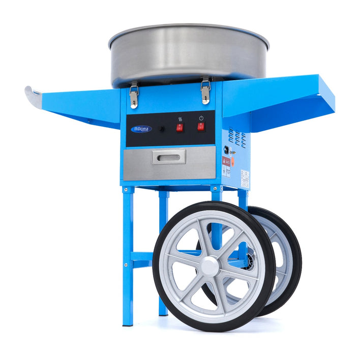 Machine à barbe à papa Maxima, diamètre 52cm, en bleu, avec chariot, pour confectionner des barbe à papa colorées.