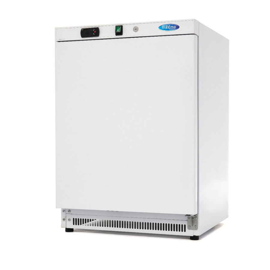 Réfrigérateur Maxima blanc de 200 L avec 3 étagères réglables, intérieur visible, espace de stockage pratique.