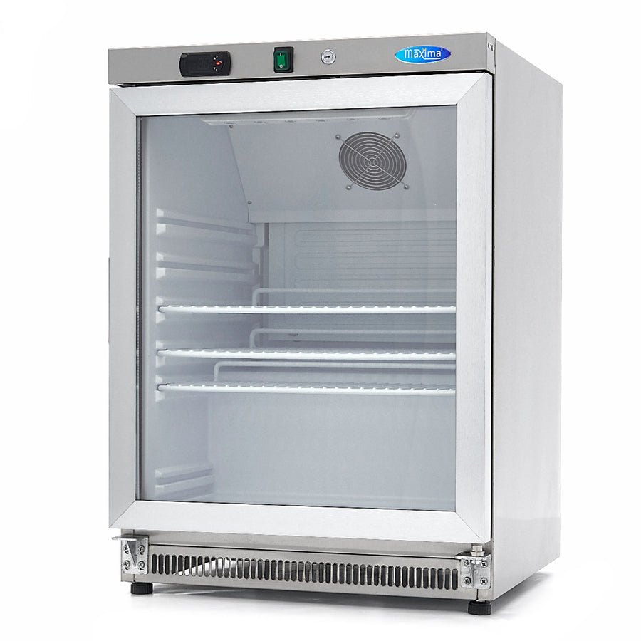 Réfrigérateur Maxima de 200 L en acier inoxydable avec porte en verre, élégant et moderne, dans une cuisine contemporaine