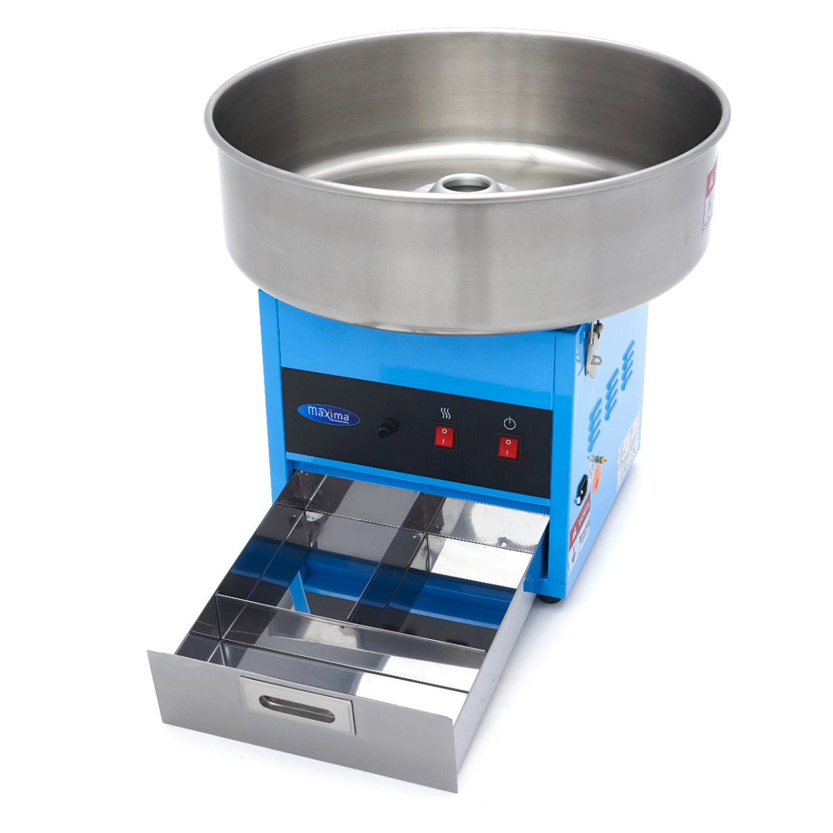Machine à barbe à papa Maxima de 52cm en bleu, montrant la machine avec bol et éléments de fabrication de barbe à papa.