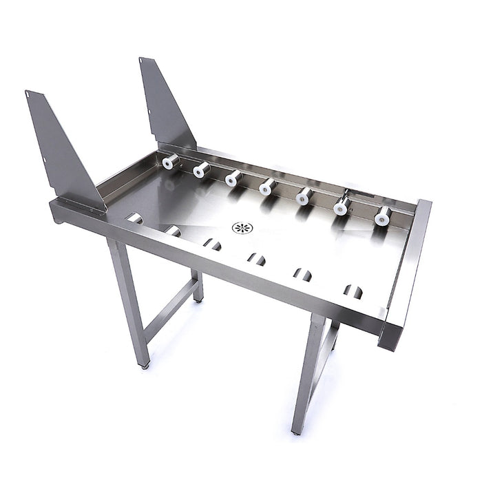 Table à rouleaux droits en acier inoxydable pour lave-vaisselle Maxima, conçue pour convoyeur à paniers, robuste et durable.