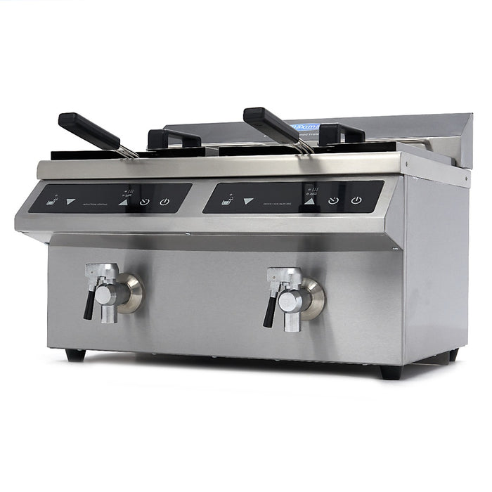 Friteuse à induction Maxima avec 2 paniers de 8 L, robinet de vidange et design professionnel.