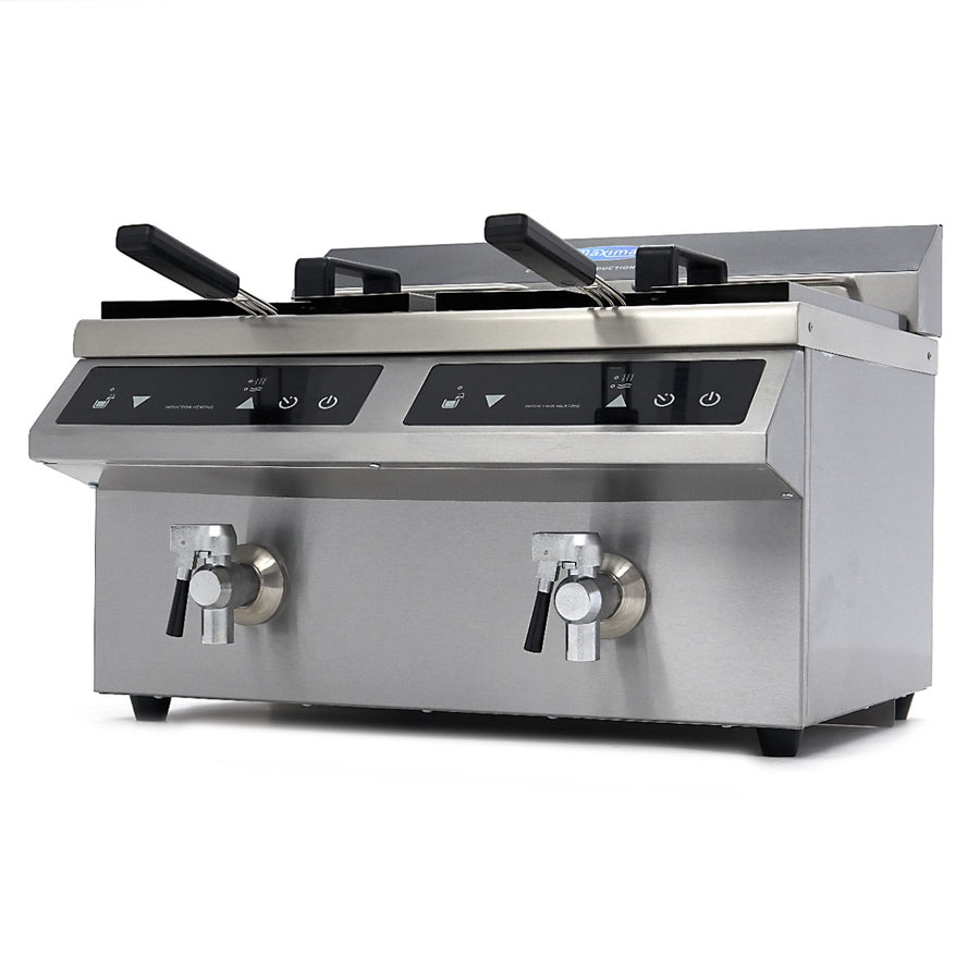 Friteuse à induction Maxima avec 2 paniers de 8 L, robinet de vidange et design professionnel.