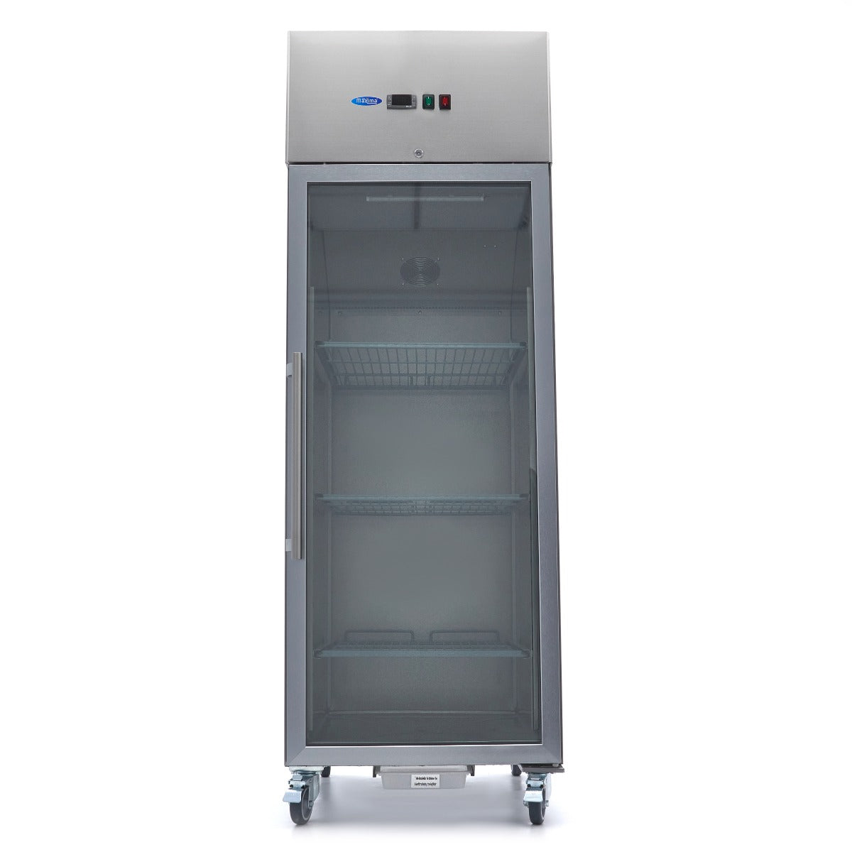 Réfrigérateur en acier inoxydable Maxima de 600 L avec porte en verre et 3 étagères réglables, design moderne et élégant.