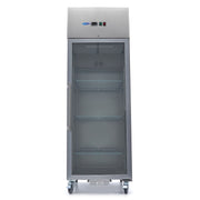 Réfrigérateur en acier inoxydable Maxima de 600 L avec porte en verre et 3 étagères réglables, design moderne et élégant.