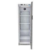 Réfrigérateur Maxima blanc de 400 L avec porte en verre, intérieur visible avec étagères et compartiments.