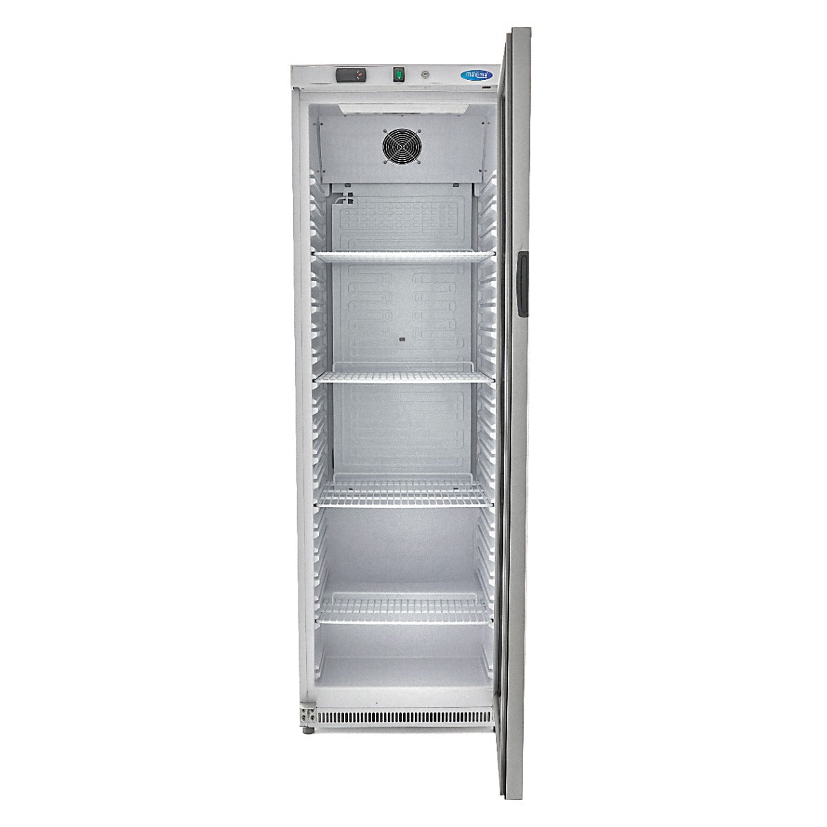Réfrigérateur Maxima blanc de 400 L avec porte en verre, intérieur visible avec étagères et compartiments.