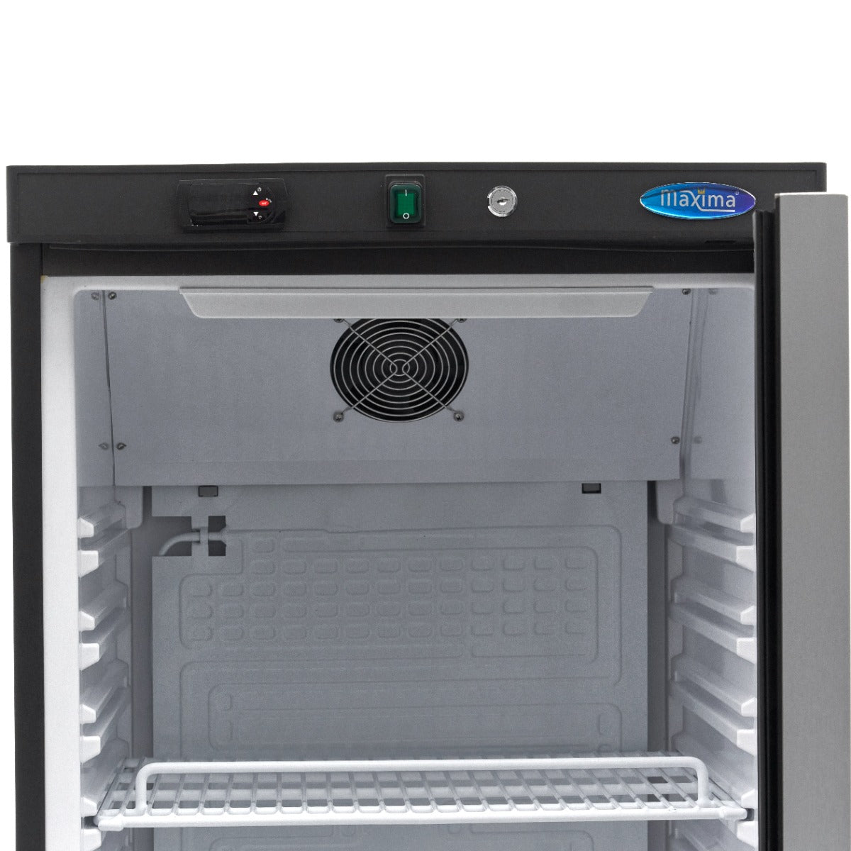 Réfrigérateur Maxima noir de 400 L avec porte en verre, intérieur visible avec étagères et espace de rangement.
