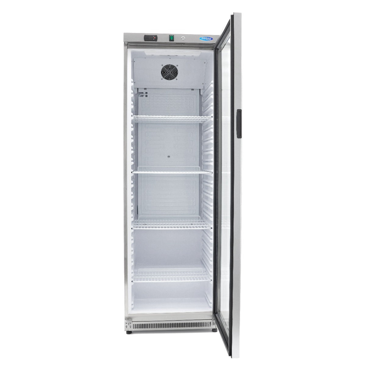 Réfrigérateur en acier inoxydable Maxima de 400 L avec porte en verre, affichant un intérieur organisé et moderne.