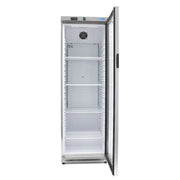 Réfrigérateur en acier inoxydable Maxima de 400 L avec porte en verre, affichant un intérieur organisé et moderne.