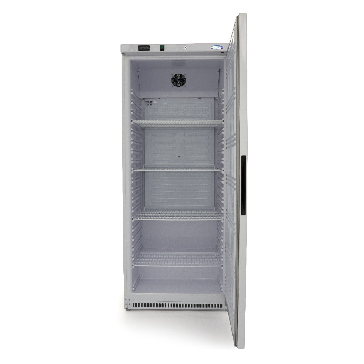 Réfrigérateur Maxima blanc de 600 L avec 4 étagères réglables, intérieur spacieux et moderne.