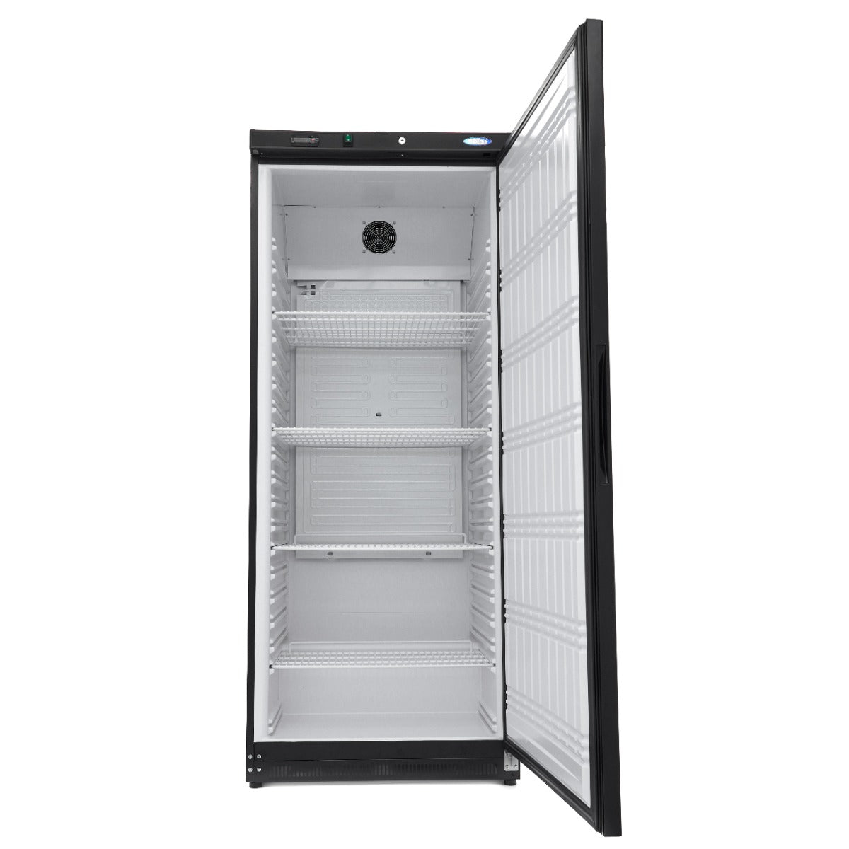 Réfrigérateur Maxima noir de 600 L avec 4 étagères réglables, intérieur spacieux et pratique pour la conservation alimentaire.