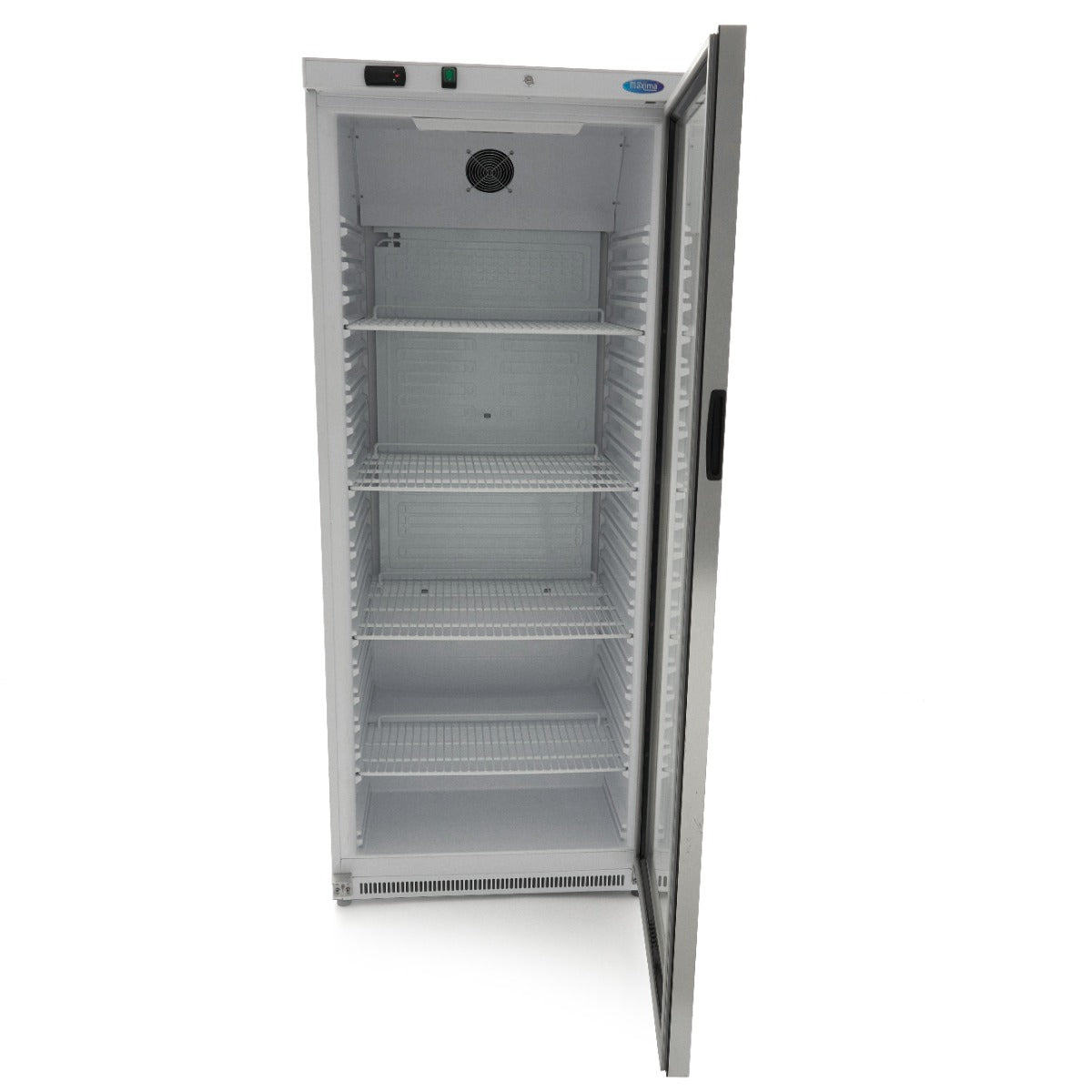 Réfrigérateur Maxima blanc de 600 L avec porte en verre, intérieur organisé visible dans l'image.