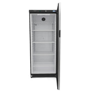 Réfrigérateur Maxima noir de 600 L avec porte en verre, intérieur visible, style moderne et capacité spacieuse.