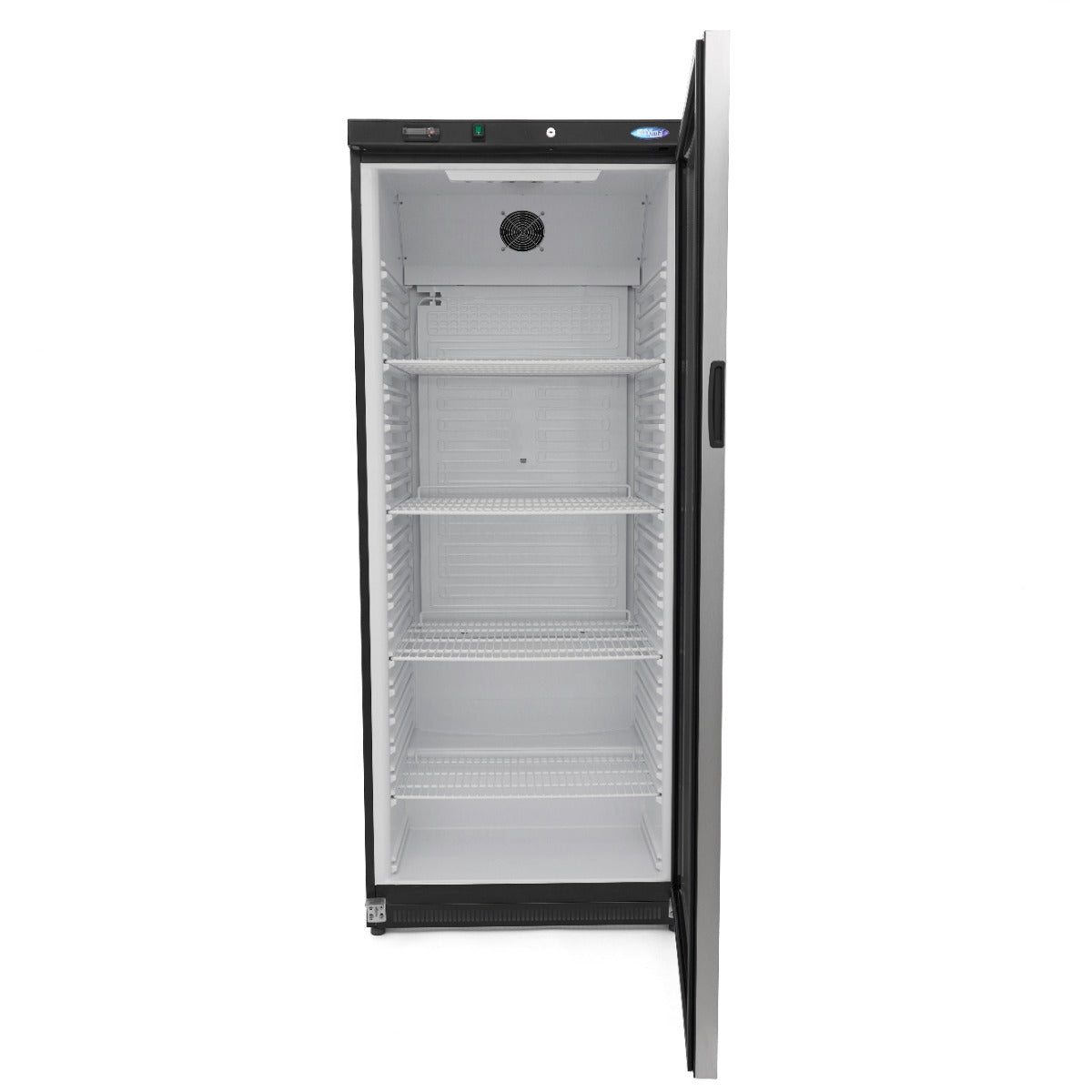 Réfrigérateur Maxima noir de 600 L avec porte en verre, intérieur visible, style moderne et capacité spacieuse.
