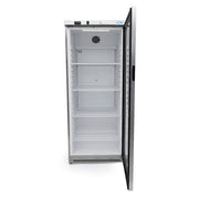 Réfrigérateur en acier inoxydable Maxima de 600 L avec porte en verre, design moderne et espace de rangement spacieux.