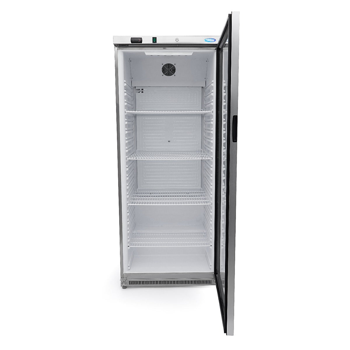 Réfrigérateur en acier inoxydable Maxima de 600 L avec porte en verre, design moderne et espace de rangement spacieux.