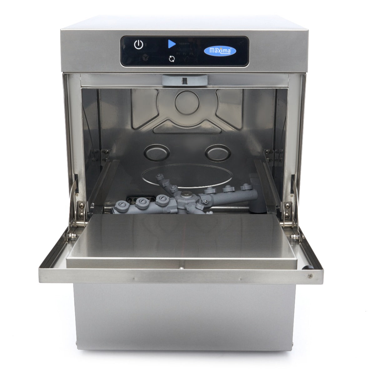 Lave-verre professionnel Maxima 35x35 cm avec pompes, affichage numérique, 230V, pour rinçage, vidange et savon.