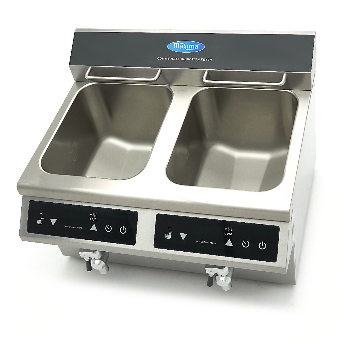 Friteuse à induction Maxima, 2 paniers de 8L, robinet de vidange, idéale pour friture, vue de face avec boutons de contrôle