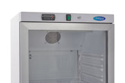 Réfrigérateur Maxima blanc de 400 L avec porte en verre, intérieur visible, pour rangement alimentaire.