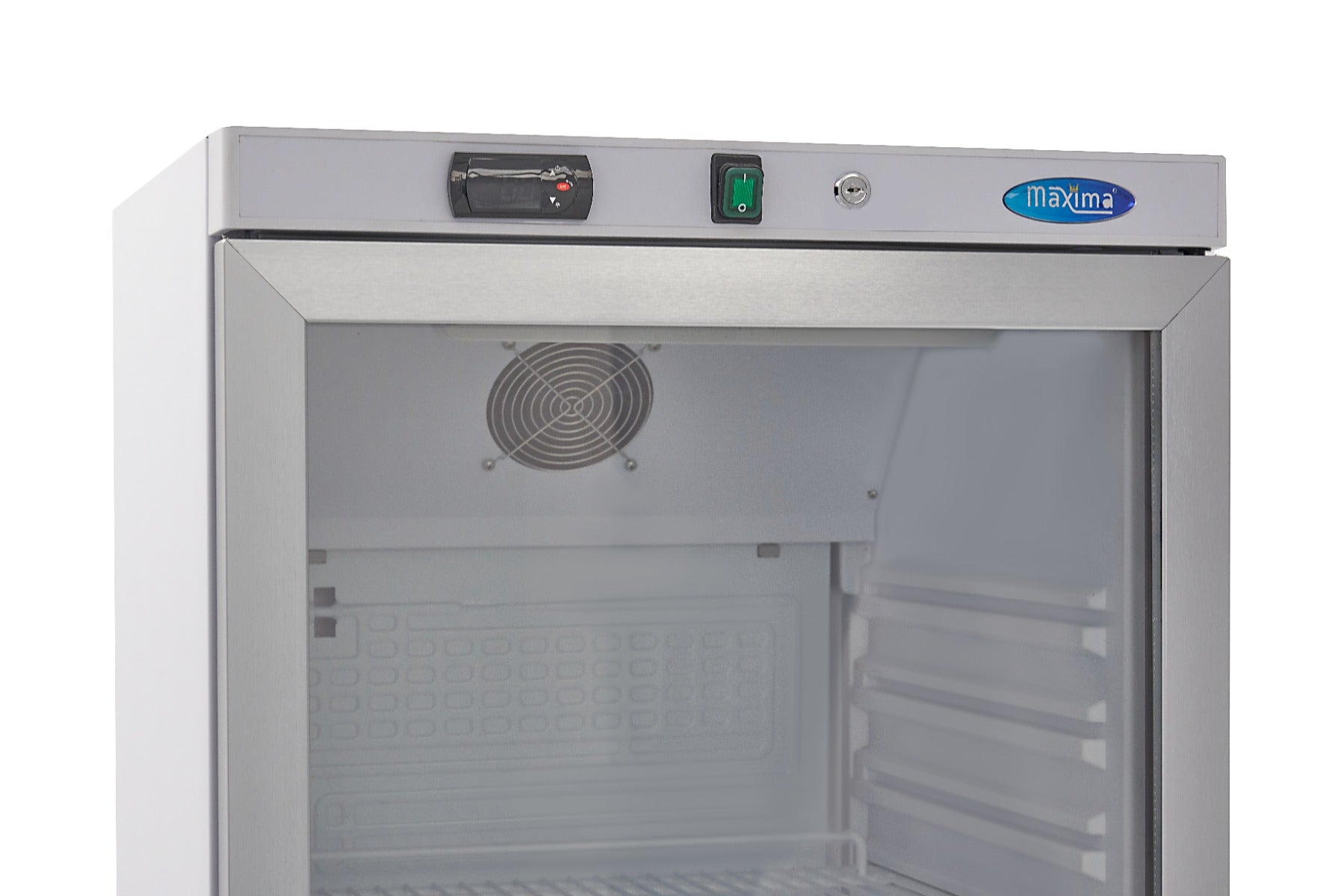 Réfrigérateur Maxima blanc de 400 L avec porte en verre, intérieur visible, pour rangement alimentaire.