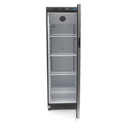 Réfrigérateur Maxima noir de 400 L avec porte en verre, intérieur visible, design moderne et espace de stockage spacieux.