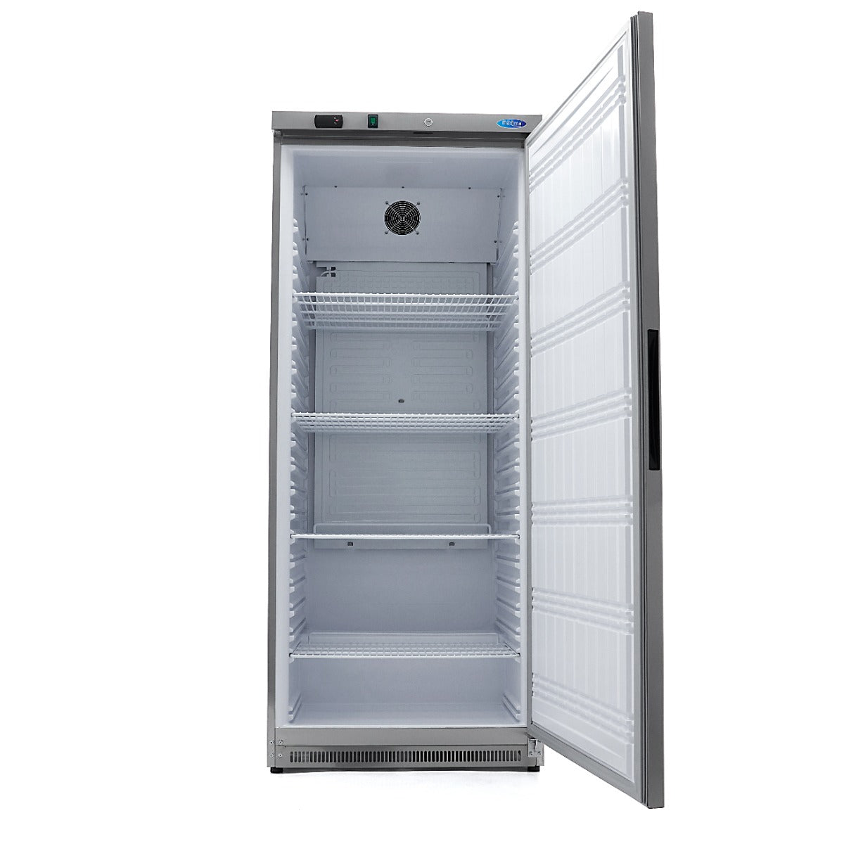 Réfrigérateur Maxima en acier inoxydable de 600 L avec 4 étagères réglables, intérieur spacieux et moderne.