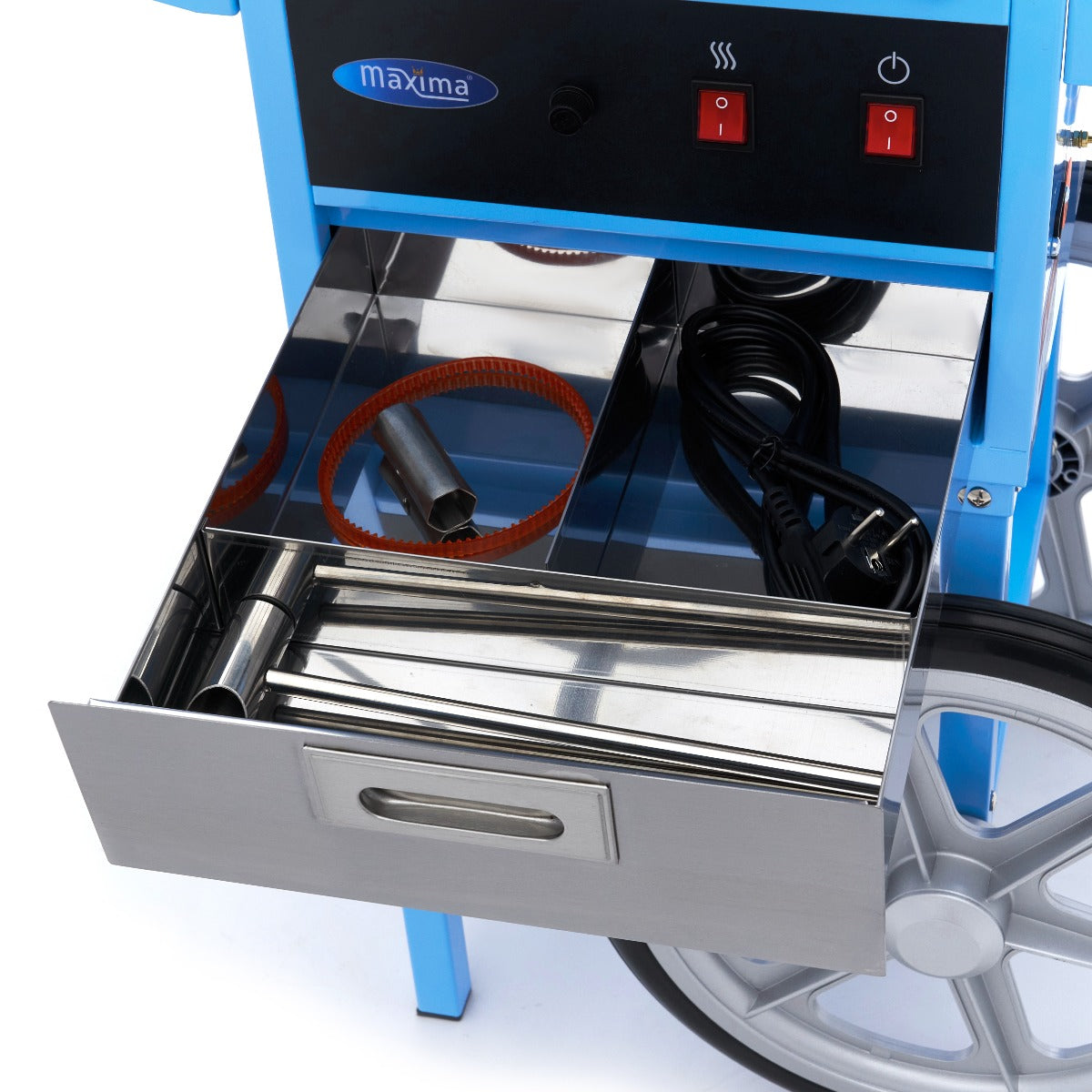 Machine à barbe à papa Maxima, Ø 52cm, bleue avec chariot, prête à créer des barbes à papa colorées et moelleuses.