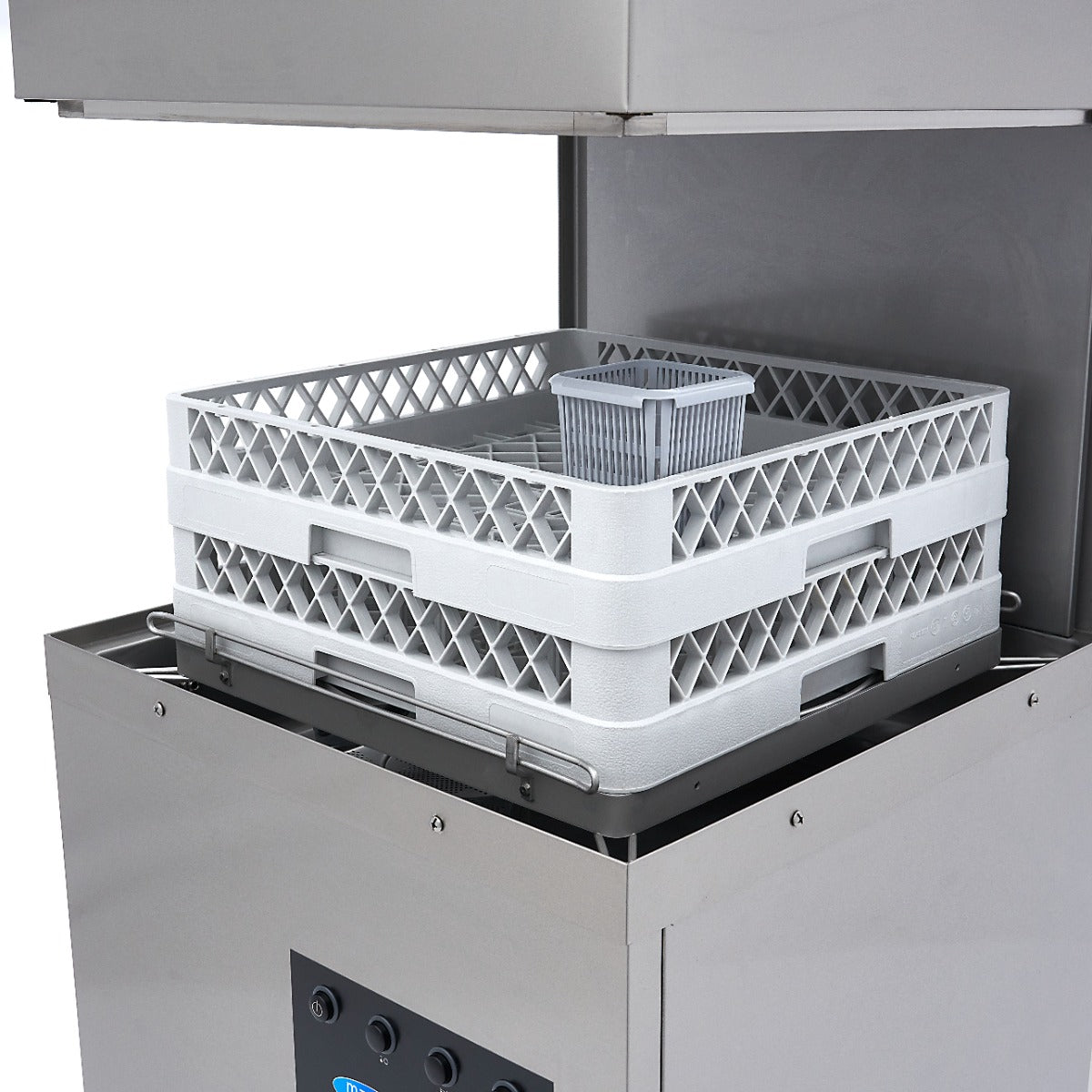 Lave-vaisselle professionnel à capot Maxima, 50x50cm, avec pompes de vidange, rinçage et savon, 400V, image montrant le panneau de contrôle.