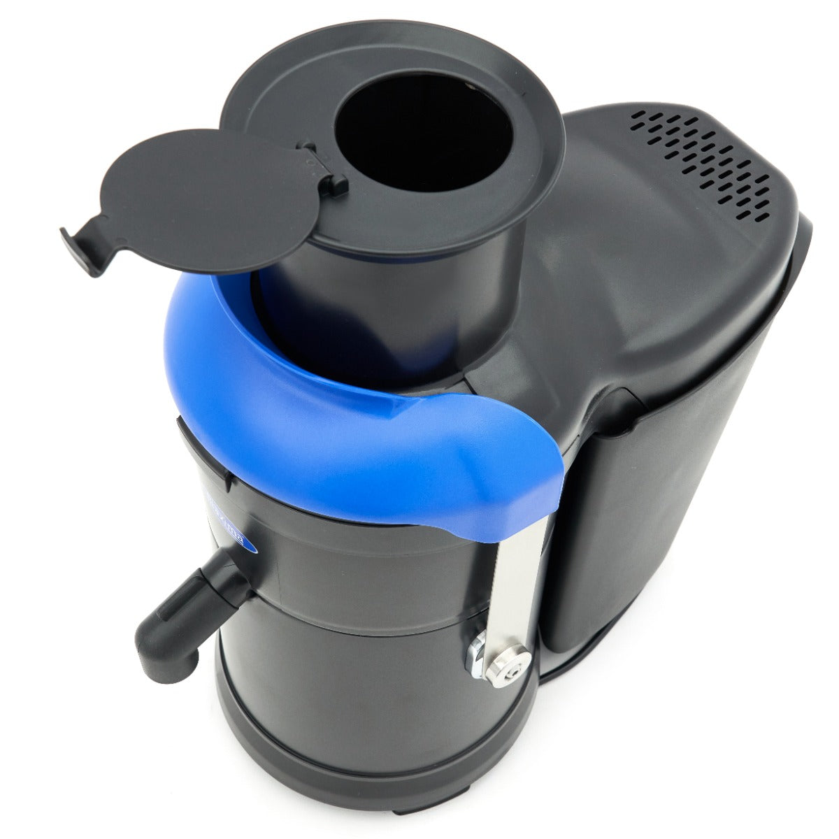 Extracteur de jus Maxima avec presse-agrumes à 2 vitesses, verre de 19 cm, en action sur fruits frais.