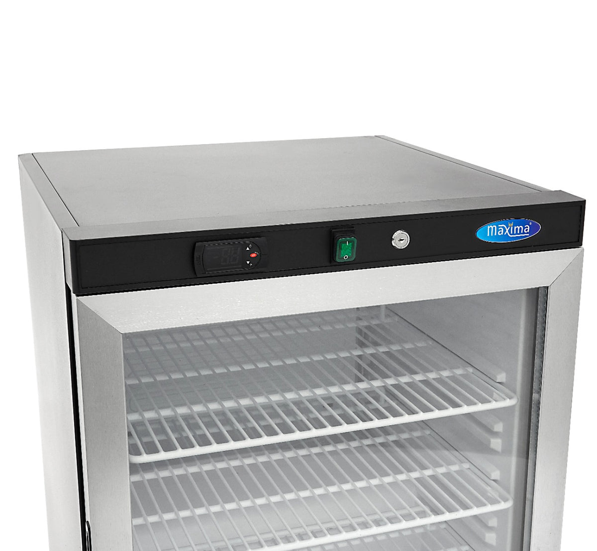 Réfrigérateur Maxima noir de 200 L avec porte en verre, intérieur visible avec étagères et compartiments de rangement.