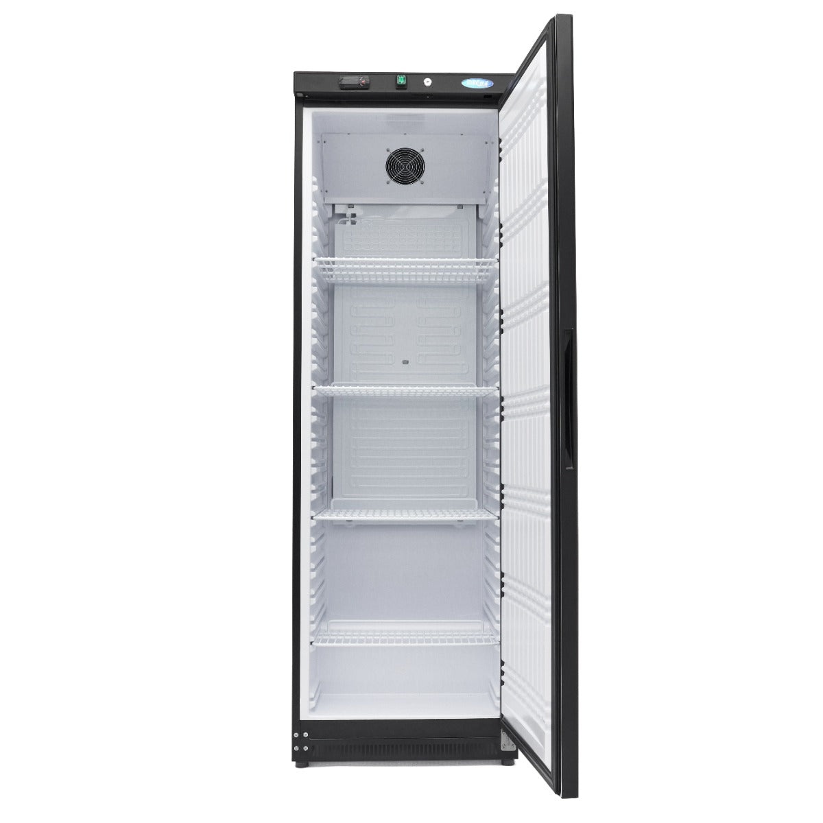 Réfrigérateur Maxima noir de 400 L avec 4 étagères réglables, intérieur spacieux et moderne.