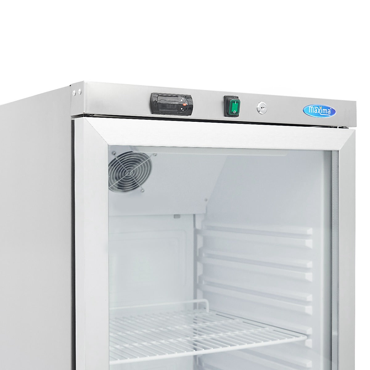 Réfrigérateur Maxima en acier inoxydable de 400 L avec porte en verre, visible avec étagères à l'intérieur et finition brillante