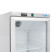 Réfrigérateur Maxima en acier inoxydable de 400 L avec porte en verre, visible avec étagères à l'intérieur et finition brillante