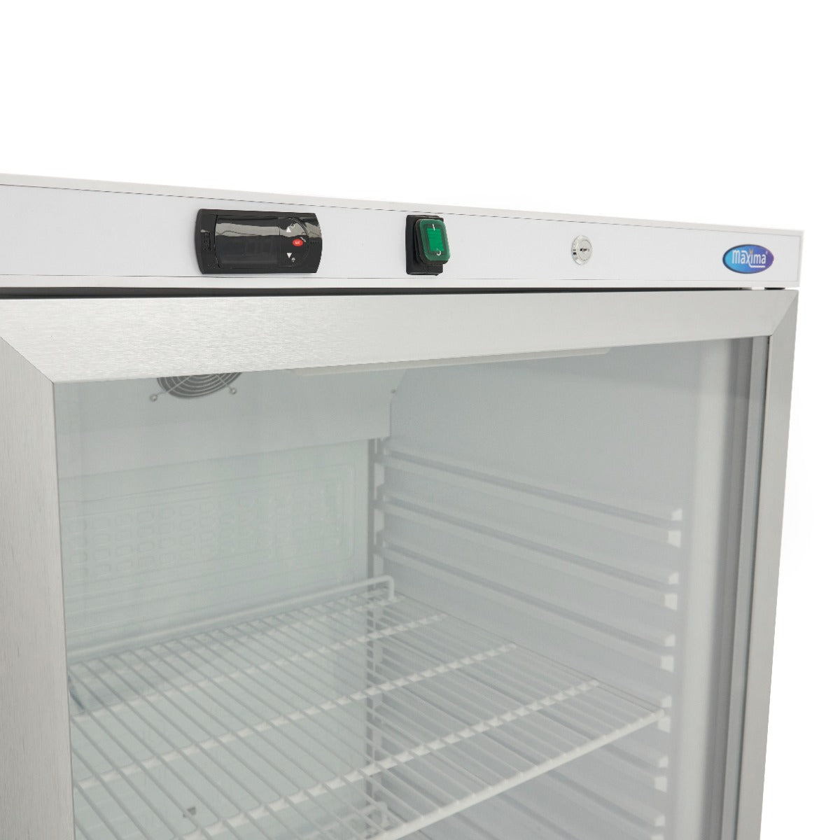 Réfrigérateur Maxima blanc de 600 L avec porte en verre, intérieur spacieux et design moderne visible sur l'image.