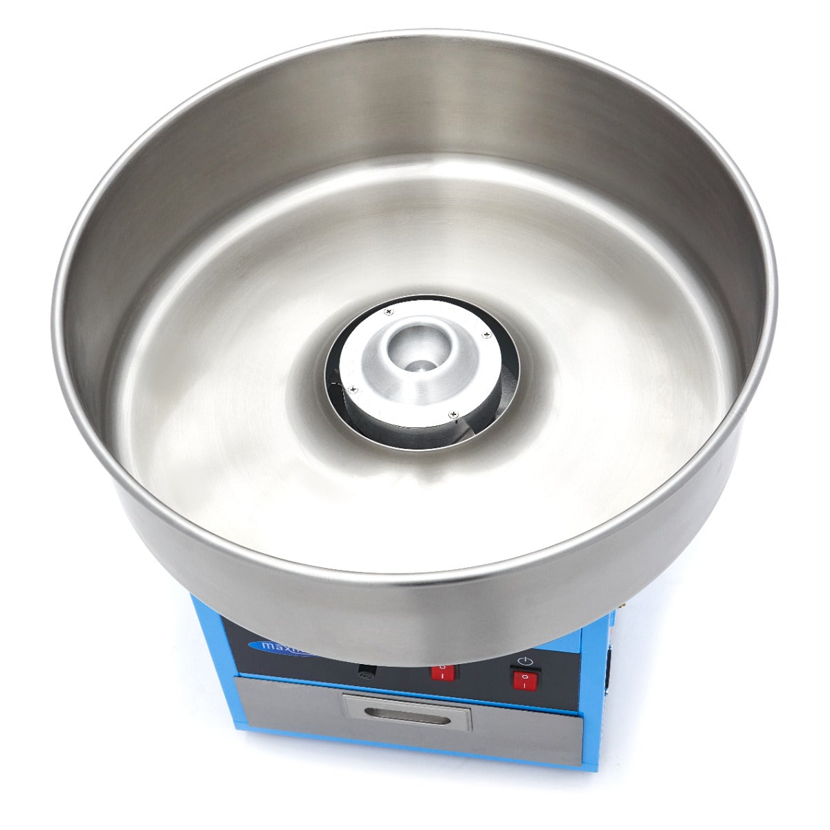 Machine à barbe à papa Maxima bleu, diamètre 52cm, vue de face avec bol en acier inoxydable et éléments de commande visible.