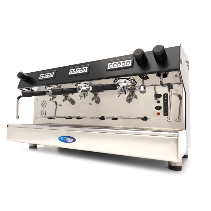 Machine à expresso Maxima avec 3 pistons, capacité de 540 tasses par heure, vue de face avec boutons de contrôle visibles