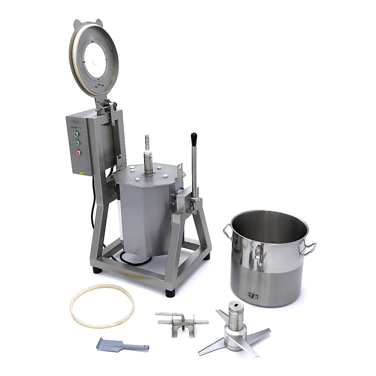 Robot de cuisine Maxima avec bol de 70L, accessoire pour préparation culinaire, couleur argentée, vue de face.