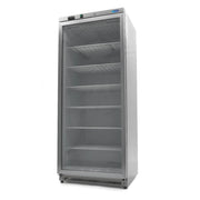Congélateur professionnel Maxima de 600 L en acier inoxydable avec porte en verre transparent.