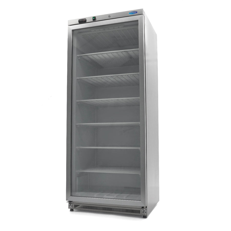 Congélateur professionnel Maxima de 600 L en acier inoxydable avec porte en verre transparent.