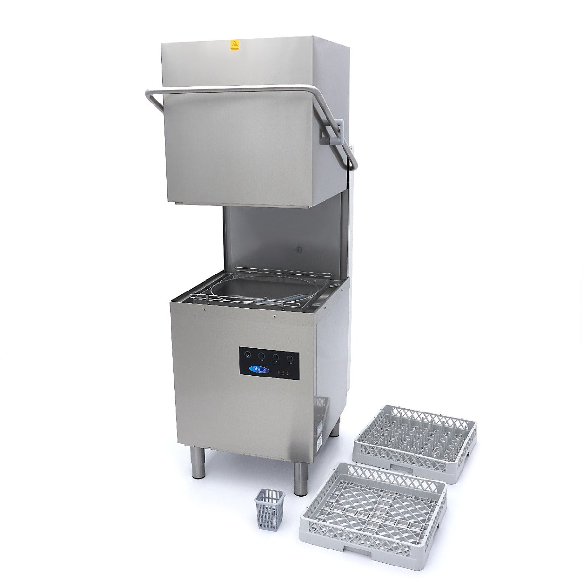 Lave-vaisselle professionnel à capot Maxima, 50x50cm, avec pompes de vidange, rinçage et savon, alimentation 400V.